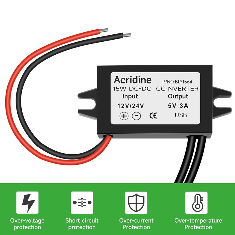 Acridine 12V 24V DC to 5V 3A USB Female DC