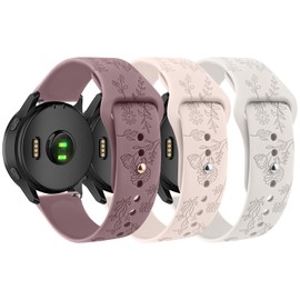 Floral Engraved Bands Compatible with Garmin Vivoactive 6/Vivoactive 5/3/3 Music Watch Bands, 20mm Soft Silicone Flower Pattern Sport Replacement bands for Garmin Venu Sq/Venu Sq 2/Venu/Forerunner 165/55/245/245/645 Music (Smoke Violet/Pink Sand/Starligh
