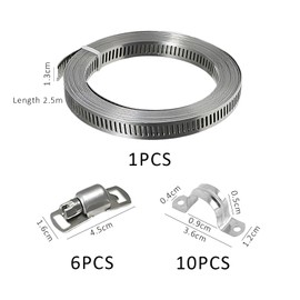 1 Roll of Steel Pipe Clamps, with 6 Pieces of Slotted Locks, 10 Pieces of U-Shaped Pipe Clamps, Hose Binding Tape, Pipe Hose Clamps, Through-Hole Pipe Tape, Stainless Steel Pipe Clamps