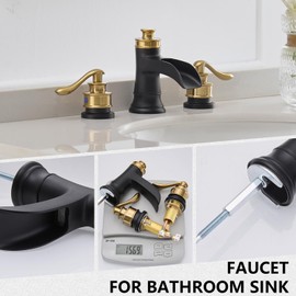 BATHLAVISH Widespread Bathroom Faucet Black Gold, Bathroom Faucet 3 Hole Waterfall, Bathroom Faucet for Sink 3 Hole, Farmhouse 2-Handle Vanity Lavatory with Pop Up Drain with Overflow Set