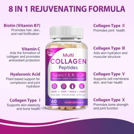 Multi Collagen Peptides Softgel - Type I, II, III, V, X - Hydrolyzed Collagen Peptides with Biotin, Vitamin C, Hyaluronic Acid, Supports Skin Hair Nail, Grass-Fed, Non-GMO, 60 Softgel, 2 Pack