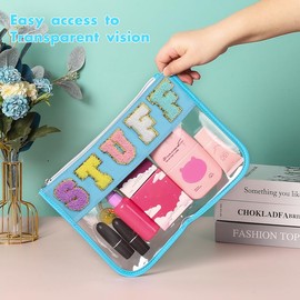 BCRMPT Chenille Letter Bag Clear Flat Pouch,Multi-purpose PVC&Nylon Clear Cosmetic Bags,Travel Makeup Bag With Zipper For Women,Clear Pouches for Travel,Gym,Beach (Blue-Stuff)