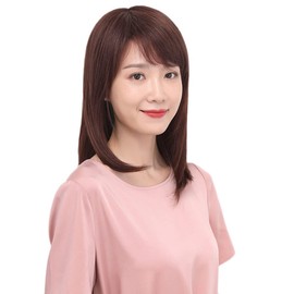 Cute Princess Human Hair Wig, Semi-Long, Whorl, Hand Planted, Straight Oblique Bangs, Women's Wig, Medium, Fashionable, Women's, Small Face, Breathable, Natural Wig, Brown