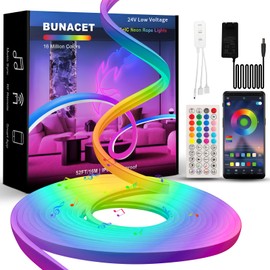 BUNACET 52FT LED Neon RGBIC Lights, LED Lights with RF Remote & APP Control, Flexible IP65 Waterproof Outdoor,Music Sync,DIY Design, 24V LED Strip Lights for Gaming Livingroom Wall Christmas Decor