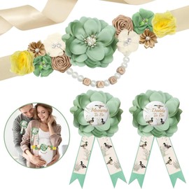 3 Piece Mom to be Sash, Baby Shower Sash Set, Mum to Be and Daddy to Be Sashes Badge, Baby Shower Decorative Sashes for Baby Shower, Gender, Reveal Maternity Gifts, Green