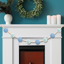 RGISHOP Felt Snowflake Garland 6.5FT Christmas Wood Bead Garland Winter Felt Snowflake Wood Bead Garland Christmas Decorations for Home Fireplace Wall Hanging Christmas Mantel Decor