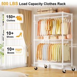 ULIFHOME P1 Rolling Clothes Rack Heavy Duty, Metal Closet Clothing Rack with Lockable Wheels, Portable Wardrobe Closet for Hanging Clothes, 35.5" W x 15.7" D x 80.5" H, Hold 500lbs, White
