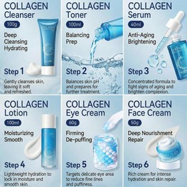 Collagen Skincare Set for Women - 6Pcs Care Kit with Cleanser Toner Serum Eye Cream Face Lotion & Cream Hydrating Firm and Nourishing Routine Gentle Great for All Skin Types / 여성용 콜라겐 스킨케어 세트 - 클렌저 토너 세럼 아이 크림 페이스 로션 & 크림이 포함된 6Pcs 케어 키트 하이드레이팅 펌 및 영양 루틴 모든 피부 타입에 적합한 젠틀 훌륭한