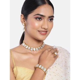 Aheli White Kundan Necklace Earrings Finger Ring Bracelet Indian Traditional Bollywood Jewelry Set Gift for Women