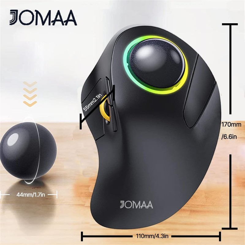 JOMAA Wireless Bluetooth Trackball Mouse with RGB Backlight,Finger Control, 3