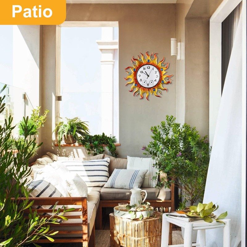 Outdoor Clock Thermometer Combo, Sun Outdoor Wall Clock, Silent Non-Ticking