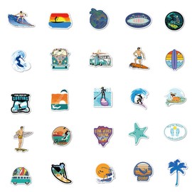 50pcs Beach Stickers surf Sticker Surfing Waves Fresh Lively Laptop Water Bottle Decals Cartoon Vitality Aesthetic Sticker Pack for Teen Girl and Boys(Beach Surfing)