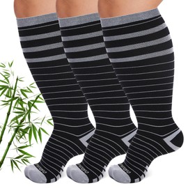 AMITOFO Plus Size Compression Socks Wide Calf for Women & Men, Bamboo Viscose 15-20 mmHg Knee High Support for Running Travel Nurses Pregnancy (3 Pairs, Mix Colors, 5XLarge)