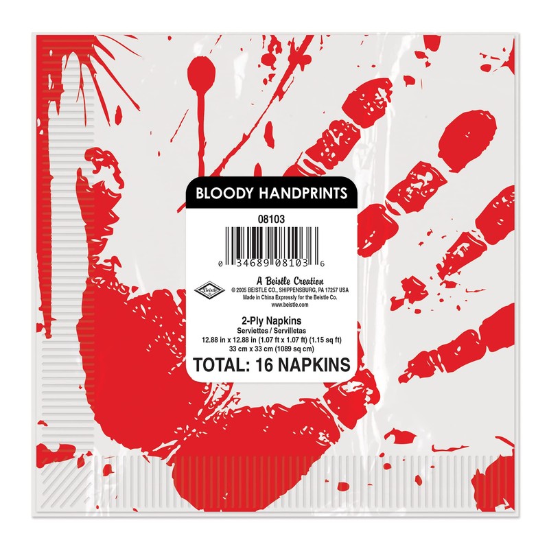 Beistle 8103 Bloody Handprints Luncheon Napkins, (16, Count), Red/White