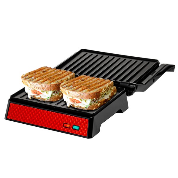 OVENTE Electric Indoor Panini Press Grill and Sandwich Maker with Non-Stick Coated Plates, Opens 180 Degrees to Fit Any Type or Size Food, Temperature Control and Removable Drip Tray, Red GP0540R