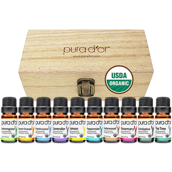 PURA D'OR Dor Perfect10 Essential Oil Set 100% Organic 10x 10ml Wood Box