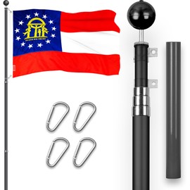 G128 Combo Pack: 16 Ft Telescoping Aluminum Flagpole (Black) & Georgia GA State Flag 3x5 Ft, ToughWeave Series Embroidered 300D Polyester | Pole with Flag Included