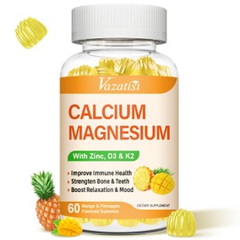 Calcium Magnesium Zinc Gummies with Vitamin D3 and K2, High Absorption Magnesium Glycinate Potassium for Immune and Calm Mood, Vegan Mango and Pineapple Flavor 60 Gummies