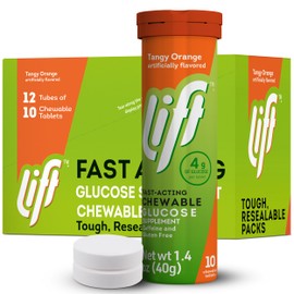 Lift Glucose Fast-Acting Glucose Chewable Energy Tablets, Orange, 10 ct Tube (Pack of 12)