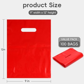 POPGIFTU Red Plastic Bags with Die-Cut Handles 100 Pack - 9x12 Inches, 1.75 Mil Thick Glossy Red Retail Shopping Bags Bulk for Gift Wrapping, Party Favors, Birthday, Small Business & Store