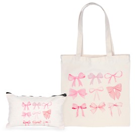 Josojoou 2PCS Pink Bow Canvas Tote Bags with Makeup Bag, Reusable Canvas Tote Bags, Preppy Makeup Bag with Zipper, Gifts for Women