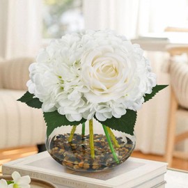 N&T NIETING Hollyone Hydrangea Artificial Flowers with Vase White Silk Flowers Faux Hydrangea Flowers Bouquet with Faux Water Riverstones for Home Office Table Room Wedding Centerpiece Decorations