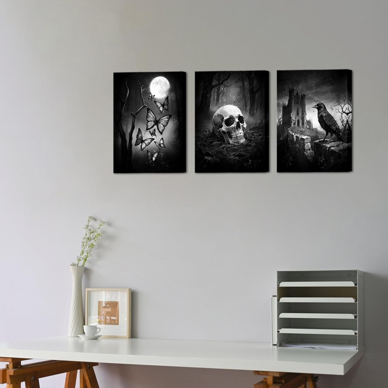RyounoArt Gothic Wall Art Black and White Skull Butterfly and