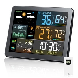Weather Station with Atomic Clock Indoor Outdoor Thermometer Wireless, Humidity and Temperature Monitor Barometer Hygrometer with High Precision Sensor，Weather Forecast/Barometer Run Chart, Moon Phase