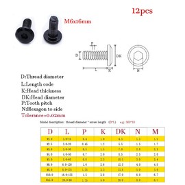 Smartsails 12Pcs M6 x 16mm Full Thread, Flat Head Hex Socket Bolt Screw, 304 Stainless Steel Black Zinc Plated, Black Oxide with Hex Key