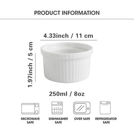 Feenmai Ramekins 8 Oz Oven Safe - Baking Bowls Set of 6, Ceramic Creme Brulee Ramekins, Porcelain Souffles Dish, Ice Cream Bowls, White Pudding Custard Cups for Dessert, Mousse, Appetizers