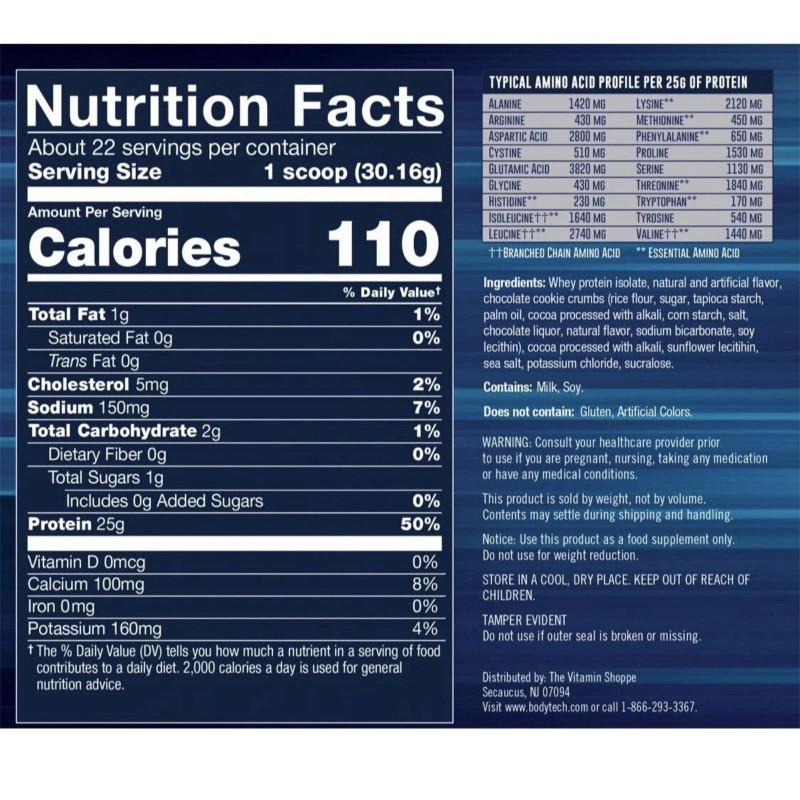 BodyTech Whey Protein Isolate Cookies&Cream 24oz 1.5lbs 22 Servings 25g