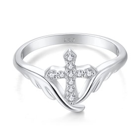 starchenie Cross Rings 925 Sterling Silver Zirconia Angelwing Ring for Women(Size K)