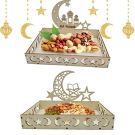 Atsmoce® Set of 2 Ramadan Decorative Wooden Trays, Ramadan Plates, Eid Mubaraks Tray, Ramadan Dessert Tray with Moon and Star Ramadan, Table Decoration for Eid Tables, Ramadan Gifts