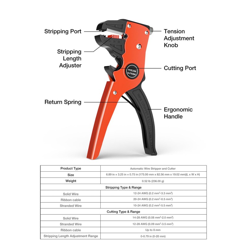 VCELINK Automatic Quickstrip Wire Stripper and Cutter, Professional Quick Strip