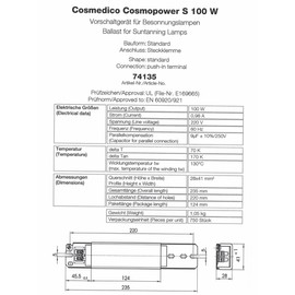 CosmoPower S 100W Choke Ballast - 220V - 60 Hz - Tanning Lamp Ballast #74135