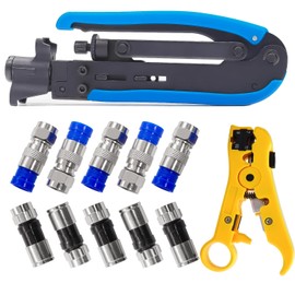 mxuteuk Coax Cable Crimper Kit Adjustable RG6 RG59 RG11 75-5 75-7 Coaxial Compression Tool Fitting Wire Stripper With 10 pcs F Compression Connectors