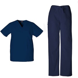 Cherokee Scrub Sets for Women and Men, 6 Pocket Medical Scrubs with V-Neck Top 4876 & Drawstring Cargo Pant 4100, Navy- XS Top/XS Short Pant