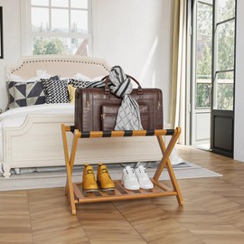 Fully Assembled Bamboo Luggage Rack with Shelf – Foldable Suitcase Organiser for Bedroom, Guest Room, or Hotel, 5 Nylon Straps (Natural Finish) - Color: Honey