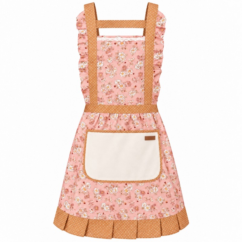 Retro Floral Canvas Apron for Kitchen Cooking – Ruffle Edge