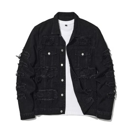 Oaovo Men's Denim Jacket Embroidery Patches Fringe Distressed Biker Jacket Casual Coat Streetwear Outerwear Black L