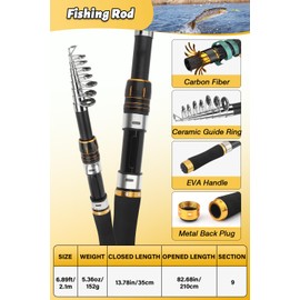 Fishing Pole Combo Set, 2PACK 6.89ft Fishing Rod and Reel Combo, Carbon Fiber Telescopic Fishing Rod Kit with Spinning Reel, Fishing Pliers, Lip Gripper, Line, Lures, Carrier Bag for Beginner Angler