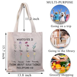 BDPWSS Christian Tote Bag Religious Gift Bible Verse Gift Whatever Is True Wildflower Philippians 4:8 Floral Bible Handbag (Philippians 4:8 TGCA)