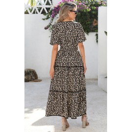 PRETTYGARDEN Summer Dresses for Women 2025 V Neck Puff Short Sleeve A-Line Floral Flowy Long Maxi Boho Tiered Beach Dresses(Black Brown Leopard,XX-Large)