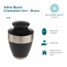 Adria Black Cremation Urn with Silver Band, Brass, Black and Silver Cremation Urn for Ashes, Adult Sized Cremation Urn, 9.75 Inches High
