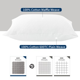Waffle Weave Pillowcases Standard Size 2 Pack, 100% Egyptian Cotton 600 Thread Count, Ultra Soft Pillow Shams with Envelope Closure, Breathable Skin-Friendly Pillow Case, White, 20x26 Inches