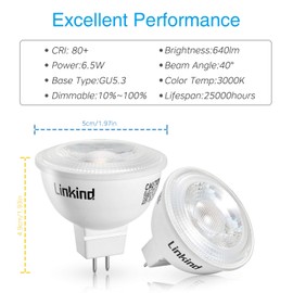 Dimmable GU5.3 LED Bulb, Linkind MR16 70W Equivalent Light Bulb, GU5.3 Bi-Pin Base, 3000K Soft White, 640lm, 40° Beam Angle Spot Lights Track Lights, UL Listed, AC/DC 12V, 6 Packs