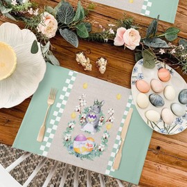 ALAGEO Easter Placemats for Dining Table Easter Eggs Bunnys Placemat Set of 4 Watercolor Spring Tablemats for Home Wedding Party Spring Holiday Banquet Kitchen Easter Table Decorations Non Slip