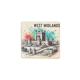 Wooden Fridge Magnet West Midlands Castle Design with Watercolor Splash Art (mag-kf25-2202)