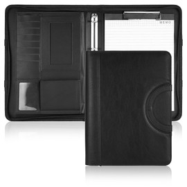 A4 Writing Case with Zip, Black PU Leather Folder, Conference Folder A4 with Clear Document Pockets, All-in-One Document Folder Leather with Ring Binder, Portable Work Folder, Note Organiser