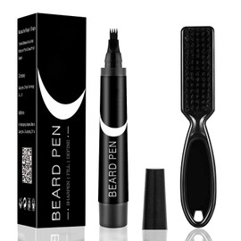 Beard Pencil Filler for Men, Waterproof High Coverage Beard Pen Kit with Beard Brush,Sweatproof Long Lasting Mustache Eyebrows Repair Pen with 4 Micro-Fork Tips（Black）
